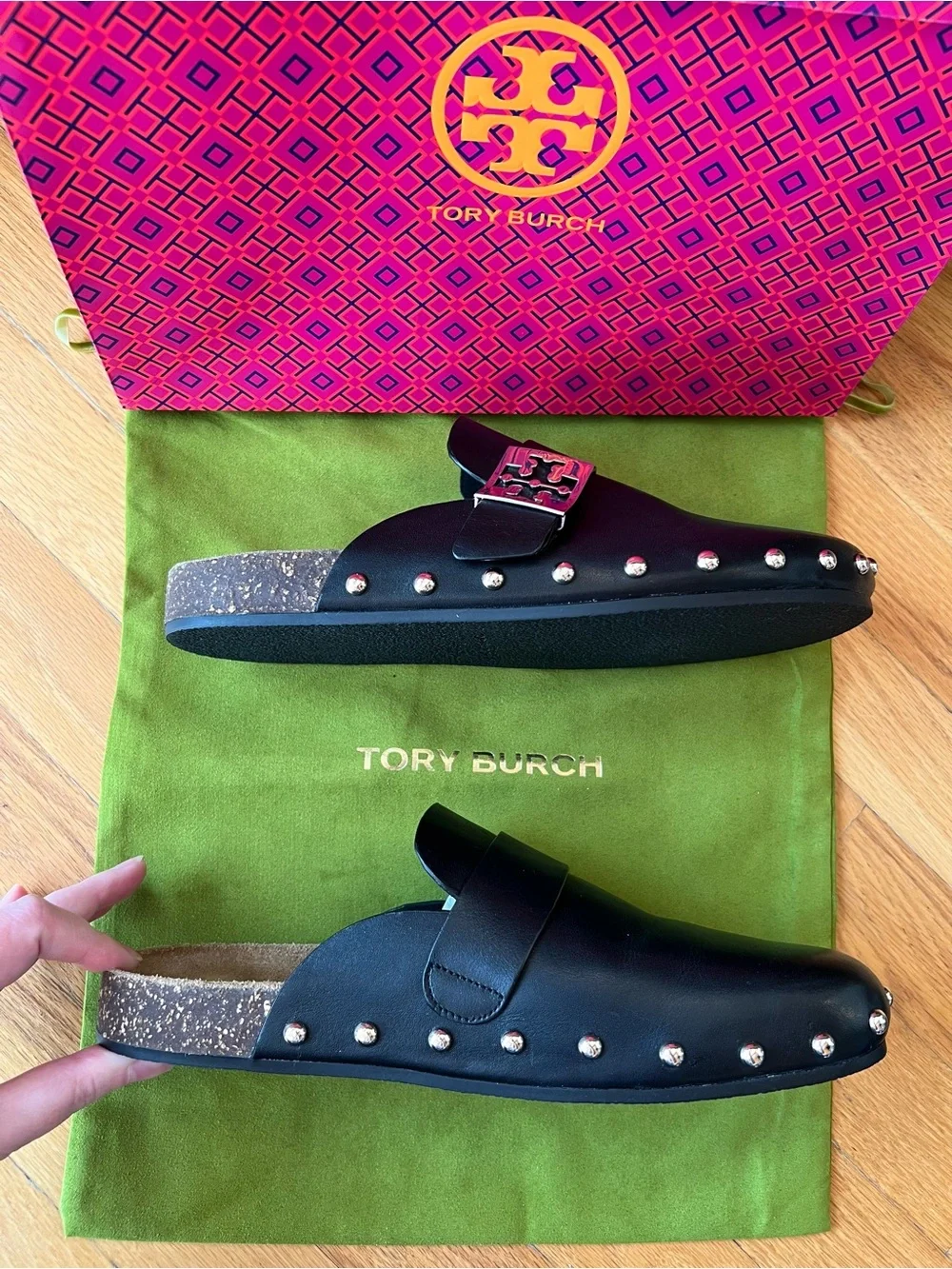 Tory Burch Perfect Black Leather Mellow Studded Mule Clogs
